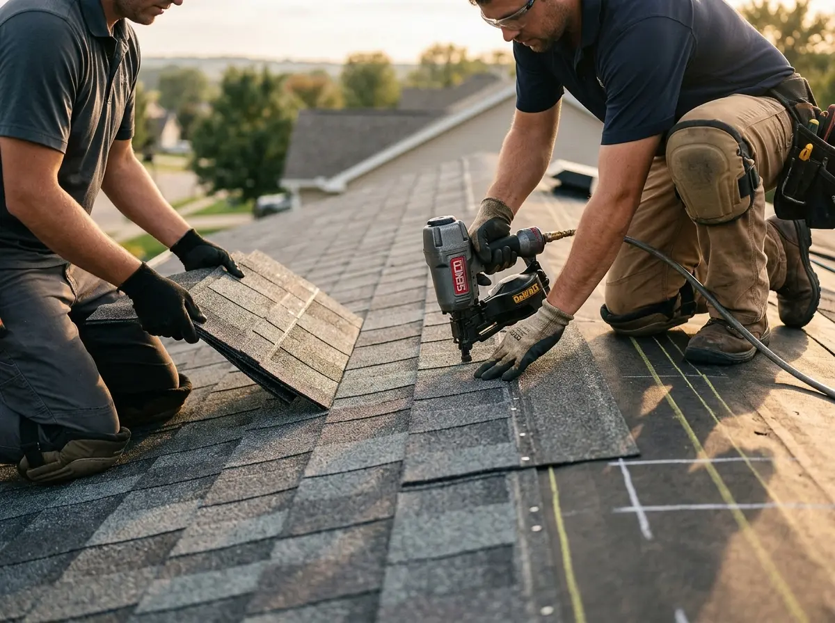 Professional roofer working on a residential roof in Farmingdale